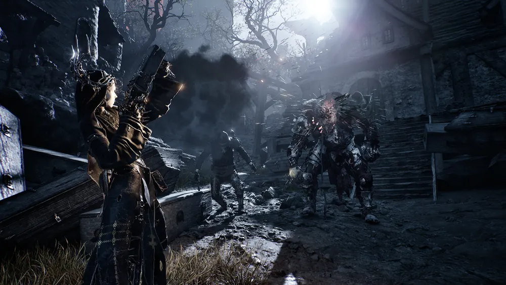 Mortal Shell II warrior confronting enemies in a ruined village