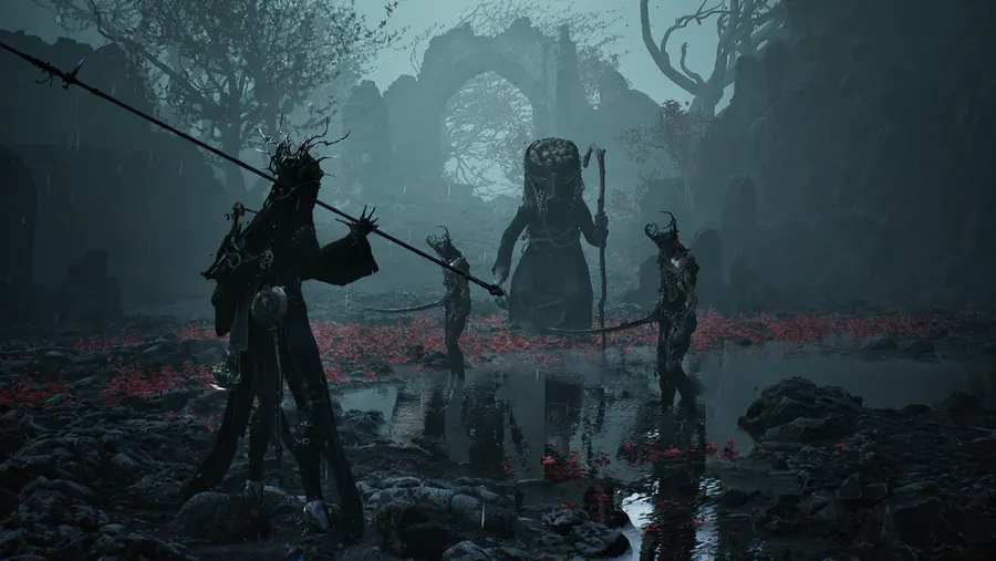 Warrior exploring a flooded crimson ruin